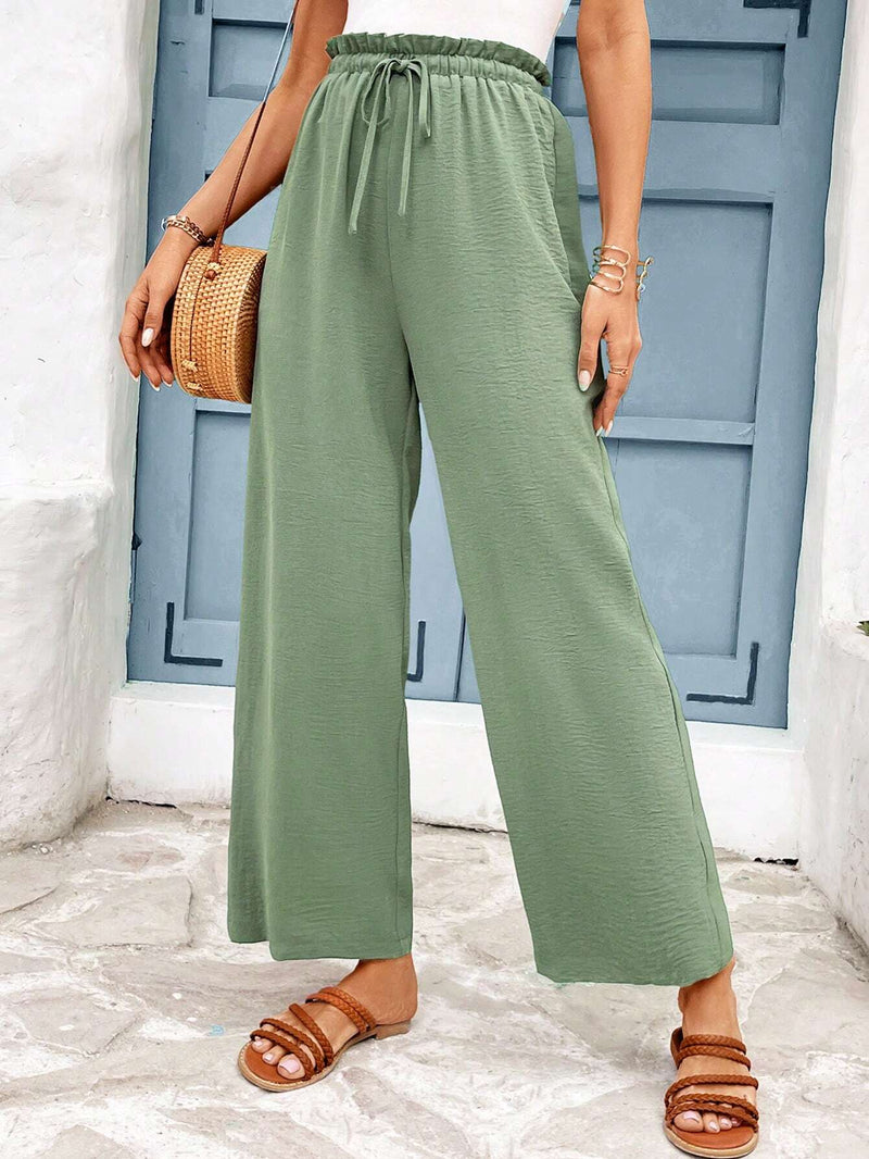 Frenchy Pantalones De Verano De Pierna Ancha Con Cintura De Bolsa De Papel Y Cordon Para Mujeres En Vacaciones De Verano, Pantalones Verdes