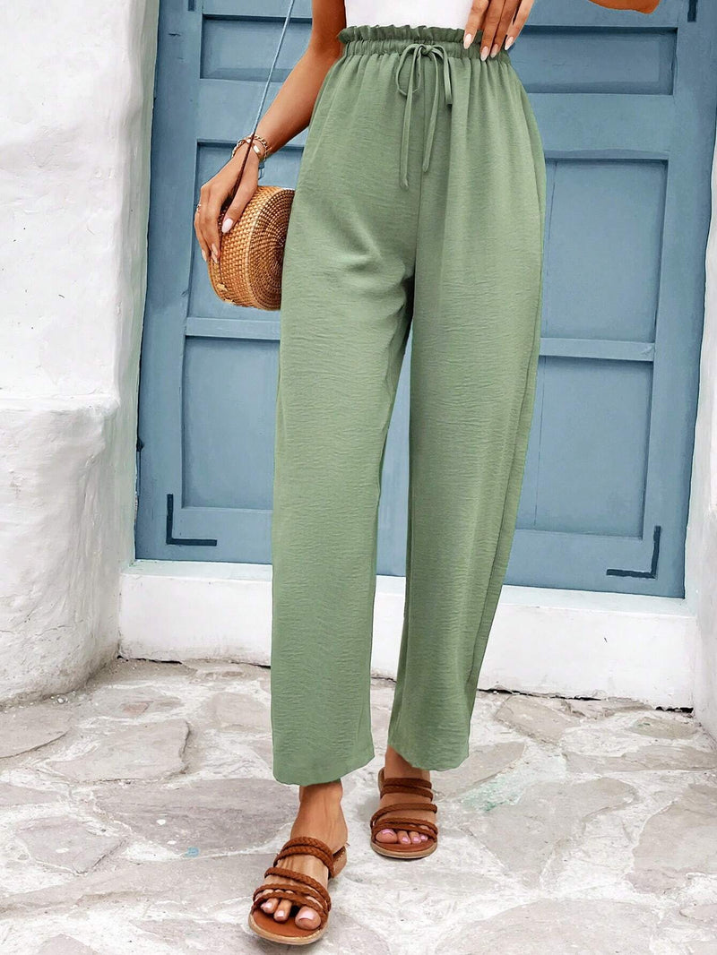 Frenchy Pantalones De Verano De Pierna Ancha Con Cintura De Bolsa De Papel Y Cordon Para Mujeres En Vacaciones De Verano, Pantalones Verdes