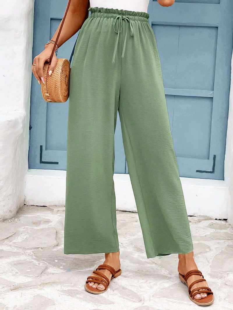 Frenchy Pantalones De Verano De Pierna Ancha Con Cintura De Bolsa De Papel Y Cordon Para Mujeres En Vacaciones De Verano, Pantalones Verdes