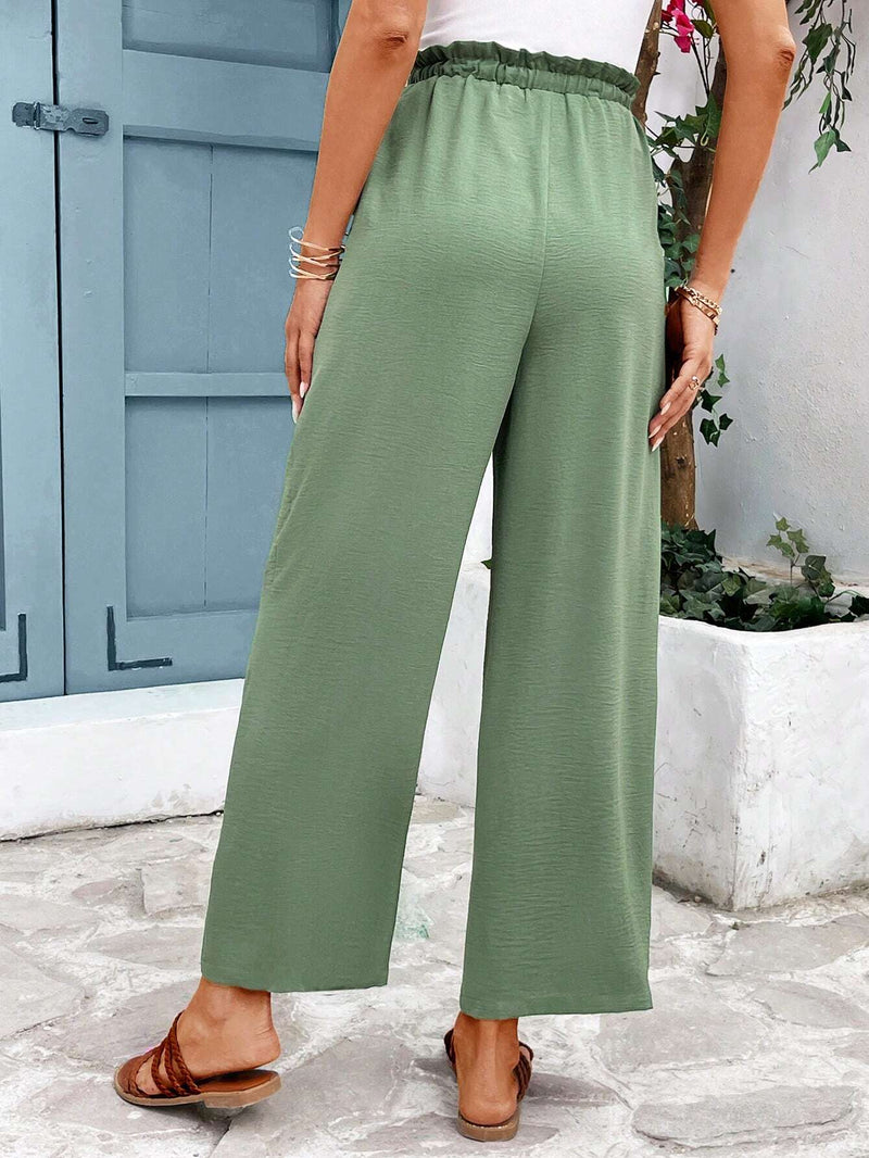 Frenchy Pantalones De Verano De Pierna Ancha Con Cintura De Bolsa De Papel Y Cordon Para Mujeres En Vacaciones De Verano, Pantalones Verdes