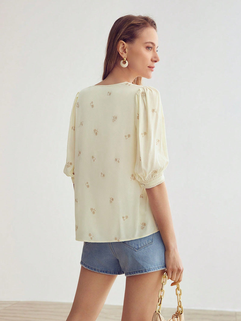 MOTF PREMIUM Blusa De Manga Abullonada Con Patron Floral De Bordado Decorativo