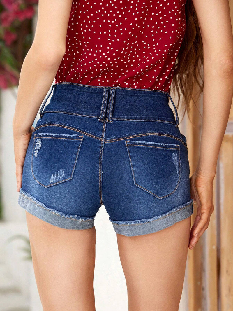 VCAY Shorts De Mezclilla Para Damas Con Efecto Desgastado Y Bolsillos