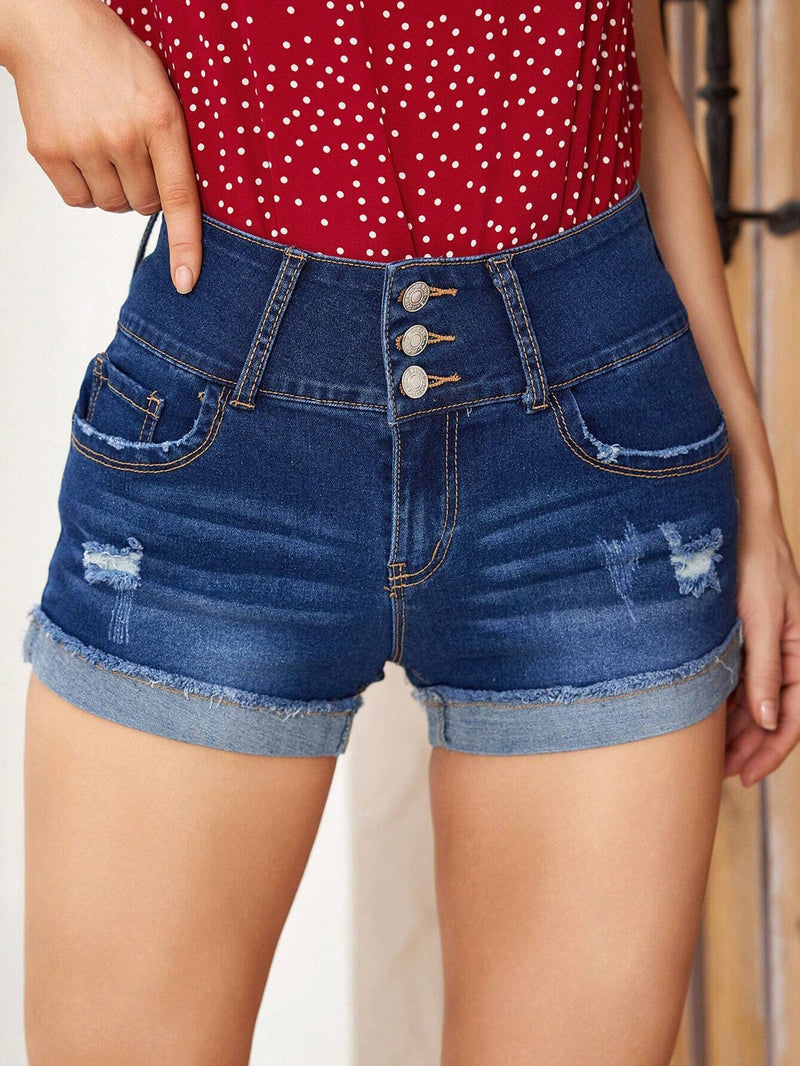 VCAY Shorts De Mezclilla Para Damas Con Efecto Desgastado Y Bolsillos