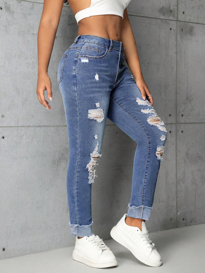 Jeans De Mujer De Corte Ajustado Con Bolsillos Y Detalles Desgastados