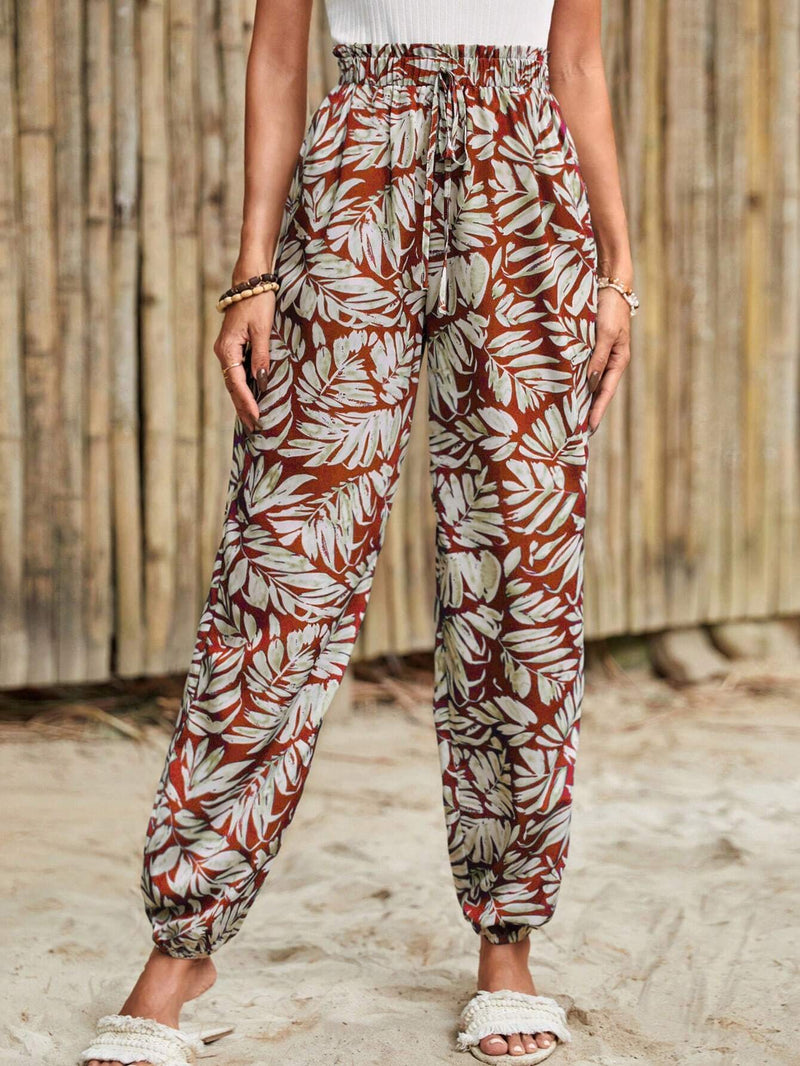 Frenchy Pantalones Largos De Cintura Alta Para Mujer Con Estampado Tropical Para Vacaciones De Verano