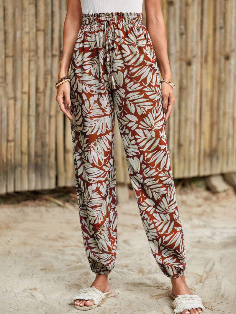 Frenchy Pantalones Largos De Cintura Alta Para Mujer Con Estampado Tropical Para Vacaciones De Verano