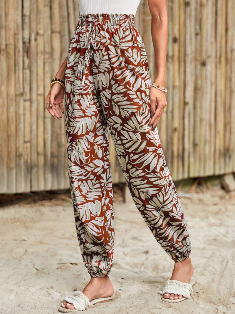 Frenchy Pantalones Largos De Cintura Alta Para Mujer Con Estampado Tropical Para Vacaciones De Verano