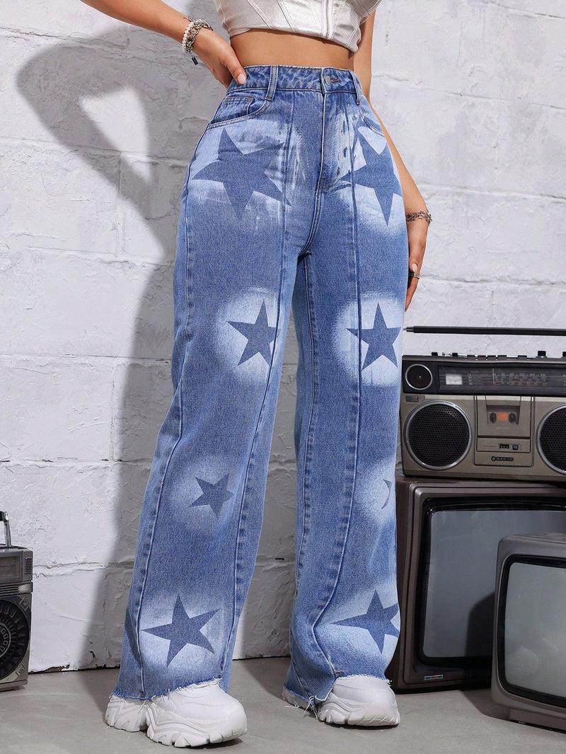 ICON Pantalones Jeans Para Mujer Con Patron De Estrellas, Dobladillo Deshilachado Y Estilo Casual, Azul