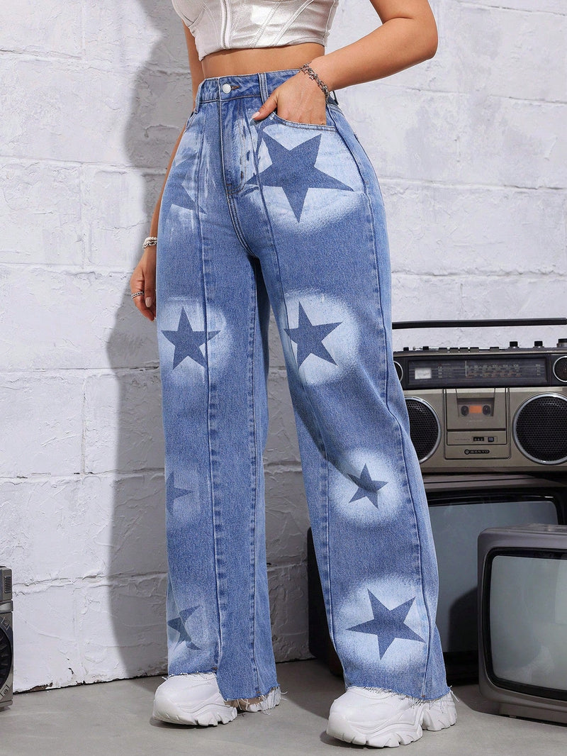 ICON Pantalones Jeans Para Mujer Con Patron De Estrellas, Dobladillo Deshilachado Y Estilo Casual, Azul