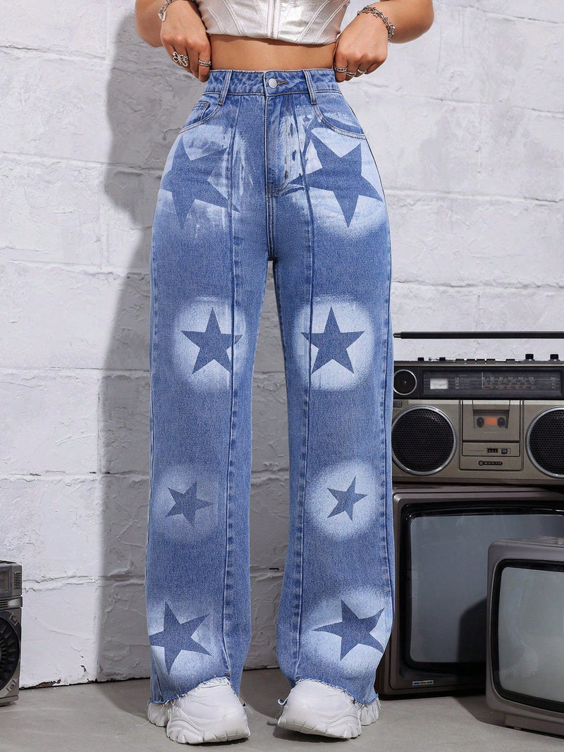 ICON Pantalones Jeans Para Mujer Con Patron De Estrellas, Dobladillo Deshilachado Y Estilo Casual, Azul