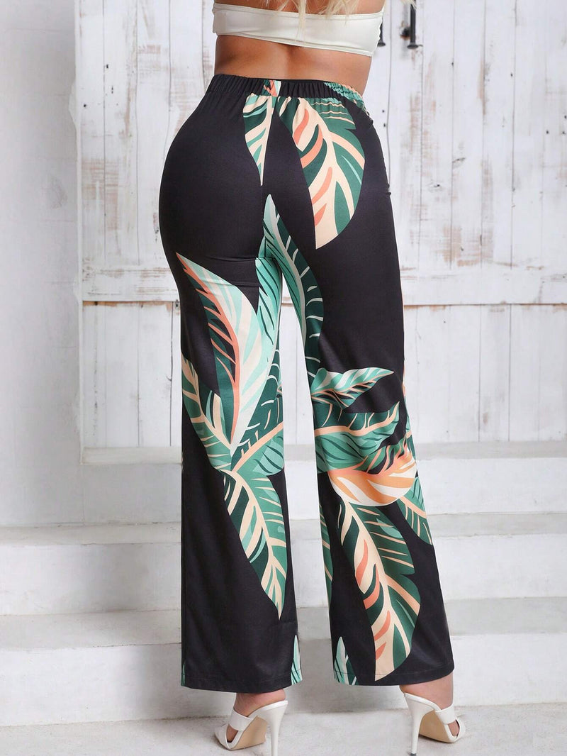 VCAY Pantalones Largos Impresos De Plantas Tropicales Para Mujer