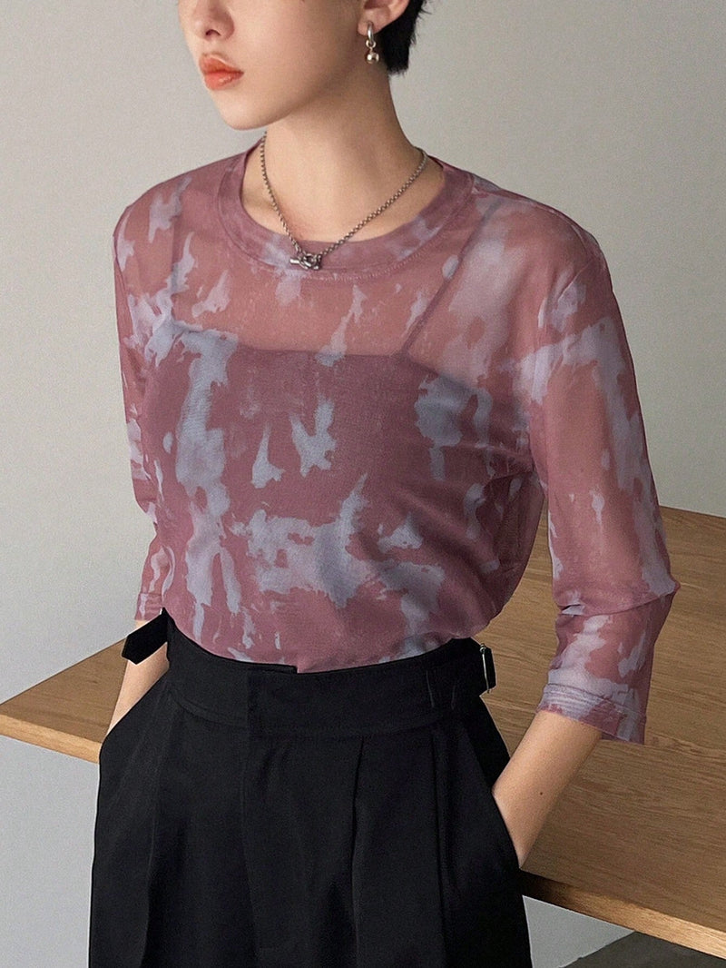 FRIFUL Top De Malla Transparente Con Cuello Redondo Y Tenido Anudado