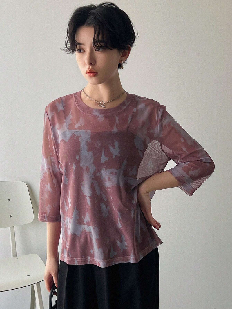 FRIFUL Top De Malla Transparente Con Cuello Redondo Y Tenido Anudado