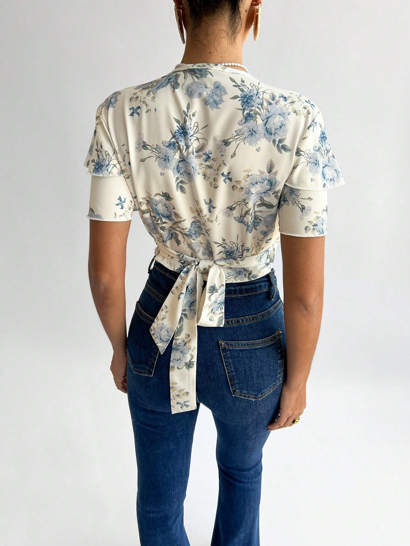 Prive Blusa Estampada De Porcelana Azul Y Blanca Con Mangas Acampanadas Y Cuello En V Profundo Con Lazo Para Mujeres, Perfecta Para Vacaciones