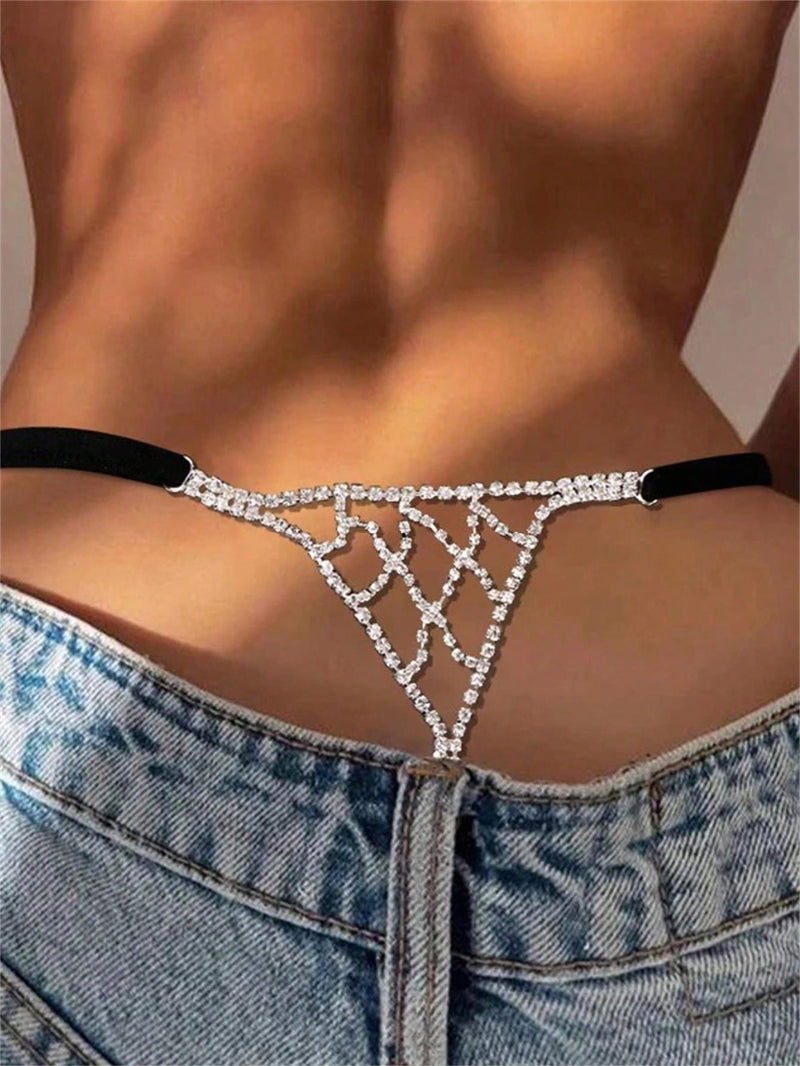 Tangas negras sexys para damas con diamantes huecos y decoracion de diamantes de imitacion