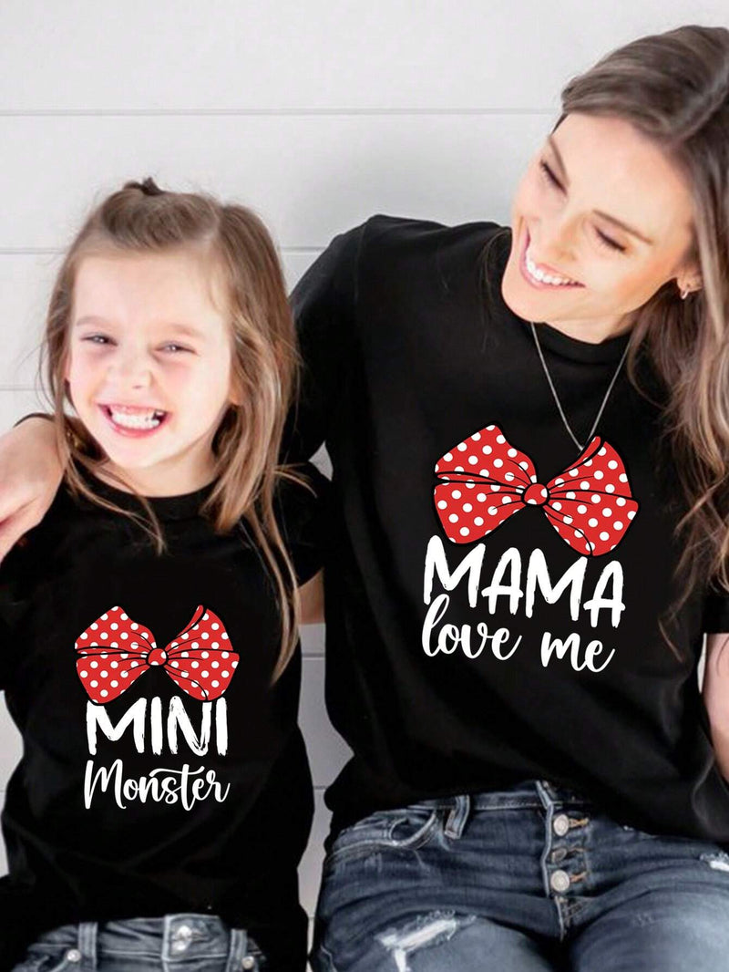 Camiseta de manga corta de cuello redondo para mujer, ultra suelta con estampado de carta del Dia de la Madre y lazo en el frente. Verano, amor de mama