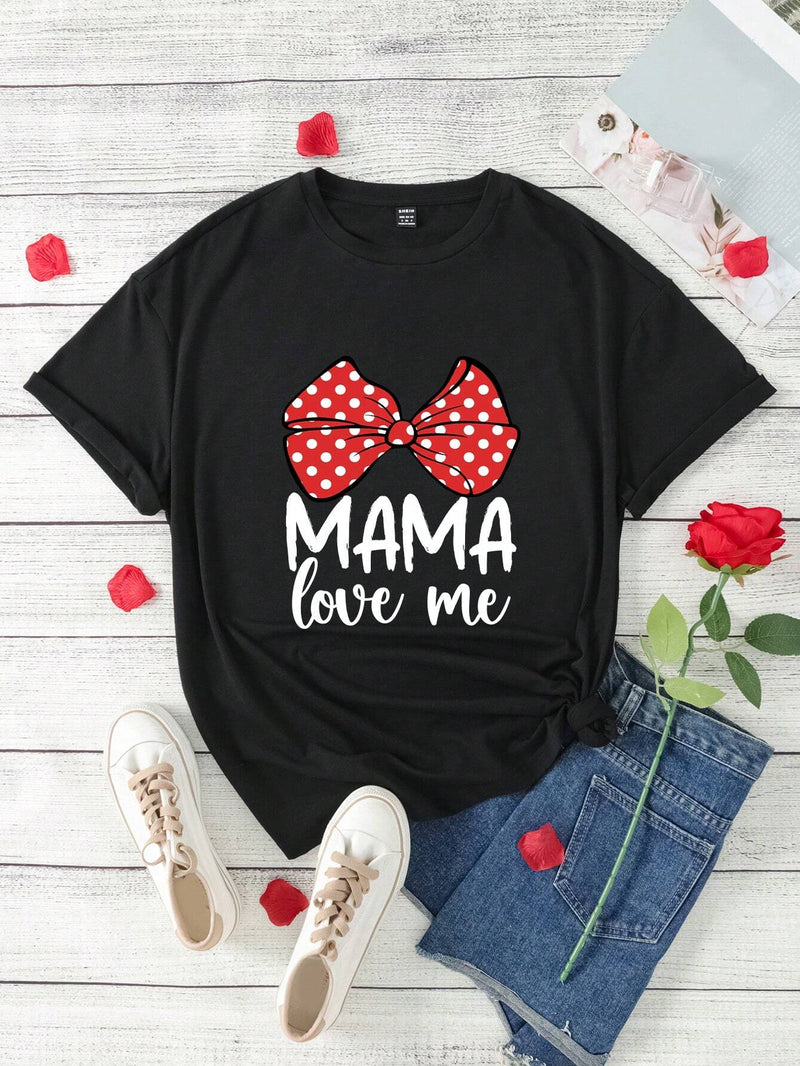 Camiseta de manga corta de cuello redondo para mujer, ultra suelta con estampado de carta del Dia de la Madre y lazo en el frente. Verano, amor de mama