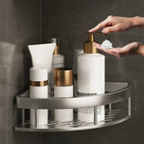 Estantería de Baño Montada en la Pared con Ventosa - Paquete de 1, Estante Triangular Impermeable sin Taladro con Barra para Toallas para Cosméticos y Artículos de Aseo, Fácil Ensamblaje, Diseño Ahorra Espacio, Acabado Metálico Elegante, Superficie Fácil