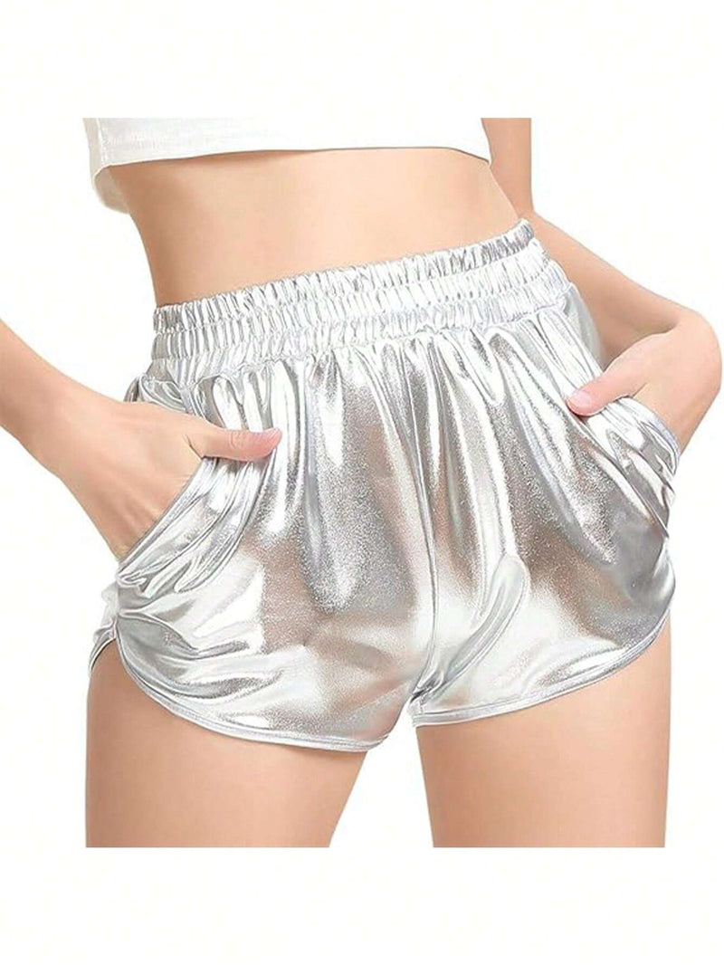 Shorts De Bolsillos Recubiertos De Plata Para Mujeres