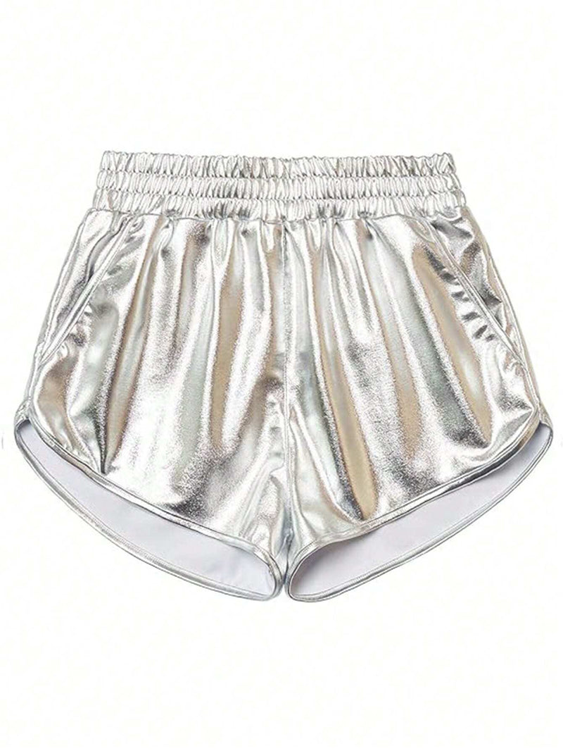 Shorts De Bolsillos Recubiertos De Plata Para Mujeres