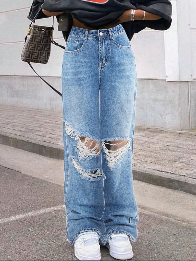 Pantalones De Mezclilla Sueltos, Rectos Y Casuales Para Mujer Con Agujeros Rasgados - Jeans Apilados