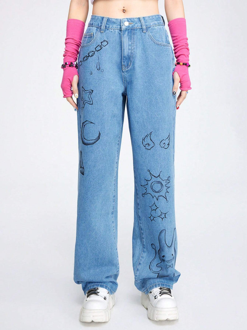 ROMWE Avant Jeans Femeninos Con Estampado De Graffiti Lindo Y Fresco