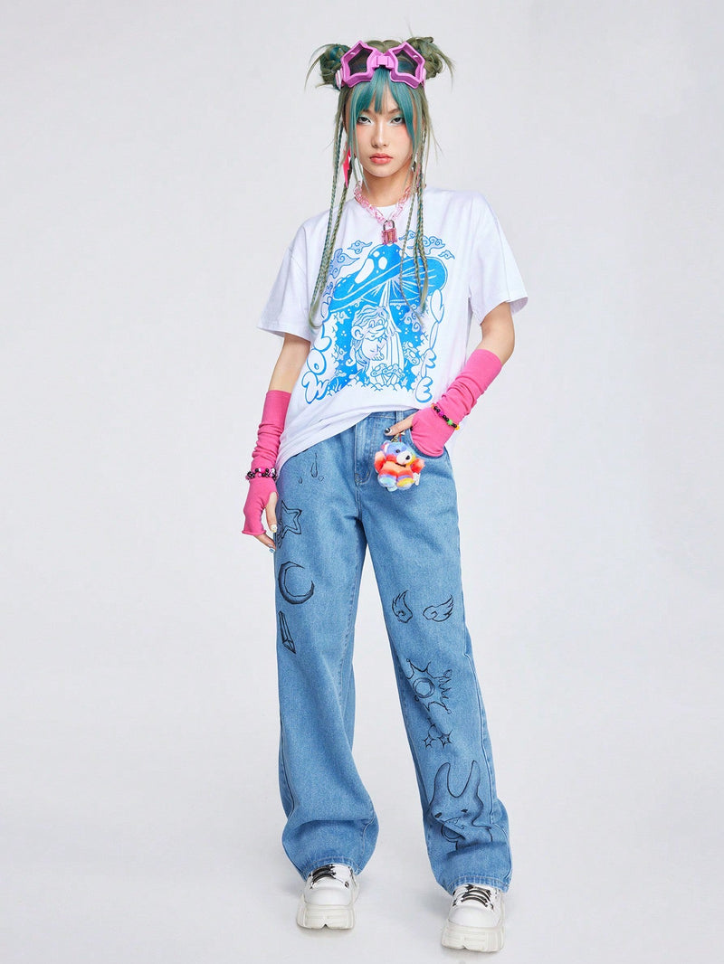 ROMWE Avant Jeans Femeninos Con Estampado De Graffiti Lindo Y Fresco