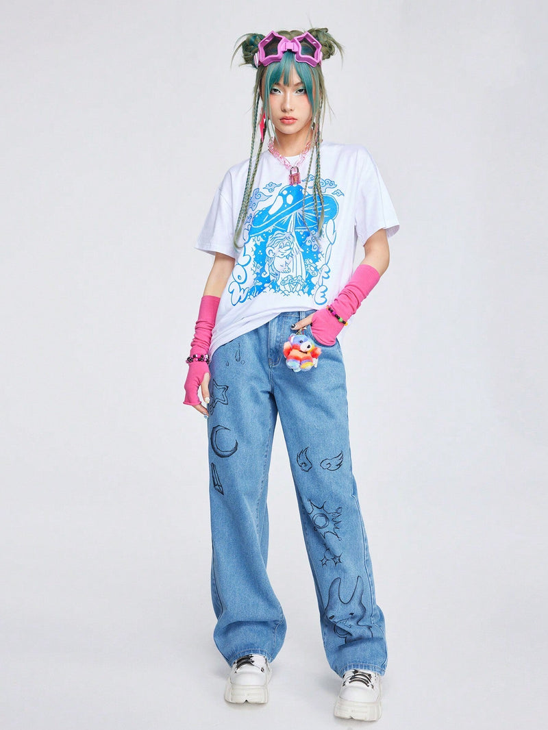 ROMWE Avant Jeans Femeninos Con Estampado De Graffiti Lindo Y Fresco