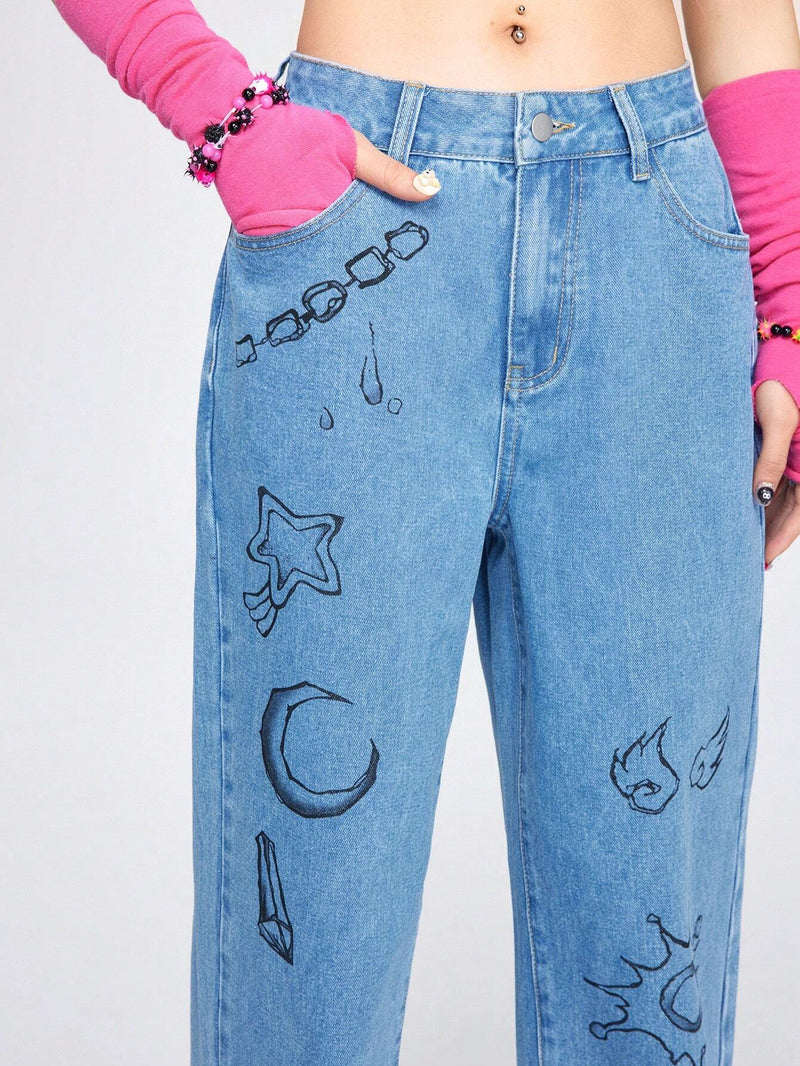 ROMWE Avant Jeans Femeninos Con Estampado De Graffiti Lindo Y Fresco