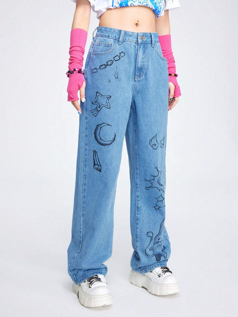 ROMWE Avant Jeans Femeninos Con Estampado De Graffiti Lindo Y Fresco