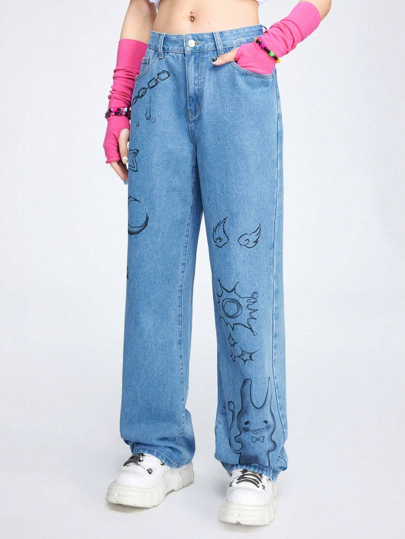 ROMWE Avant Jeans Femeninos Con Estampado De Graffiti Lindo Y Fresco