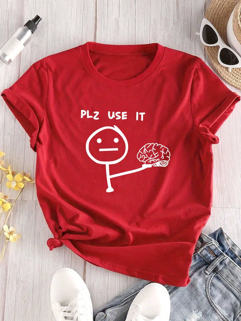 Camiseta De Manga Corta Con Cuello Redondo De Mujer Con Estampado De Letra Y Dibujo Animado