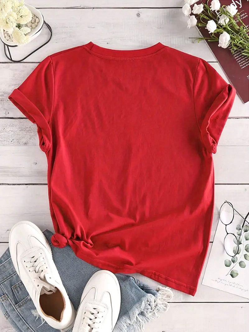 Camiseta De Manga Corta Con Cuello Redondo De Mujer Con Estampado De Letra Y Dibujo Animado