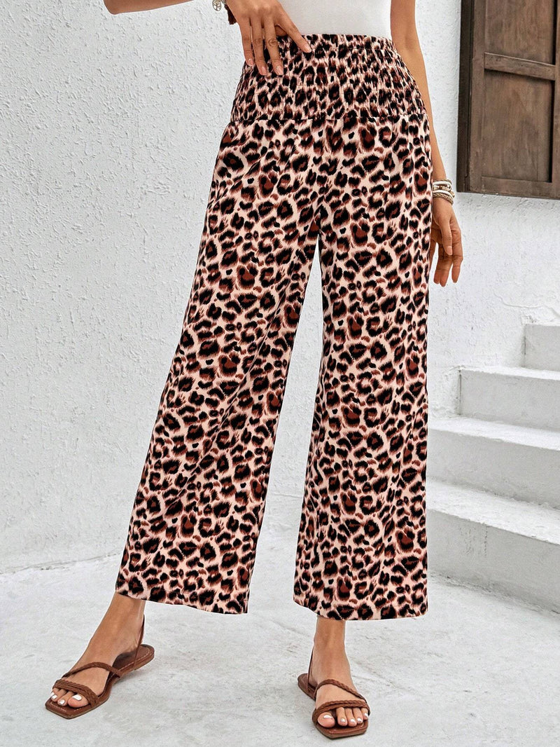 Essnce Pantalones De Pierna Ancha Sueltos Estampado De Leopardo Con Cintura Alta, Para Verano