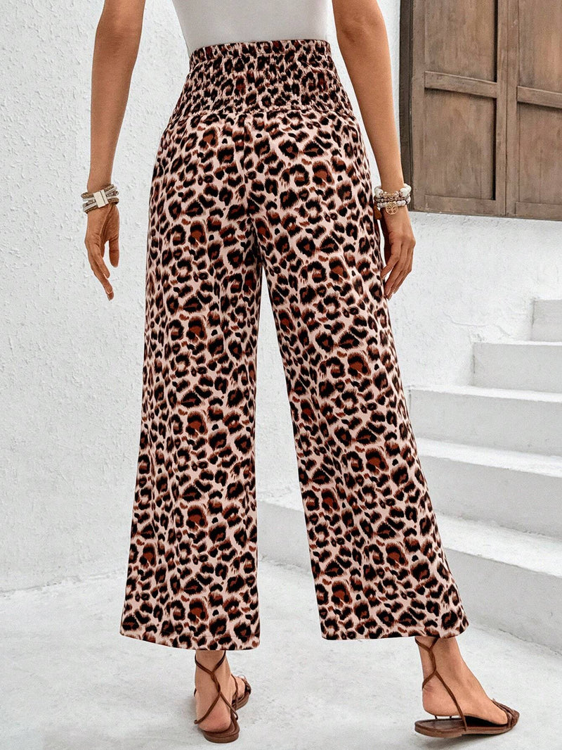 Essnce Pantalones De Pierna Ancha Sueltos Estampado De Leopardo Con Cintura Alta, Para Verano