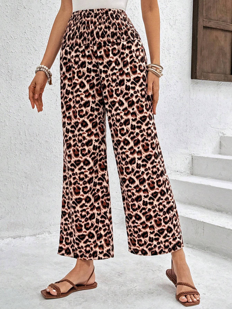 Essnce Pantalones De Pierna Ancha Sueltos Estampado De Leopardo Con Cintura Alta, Para Verano