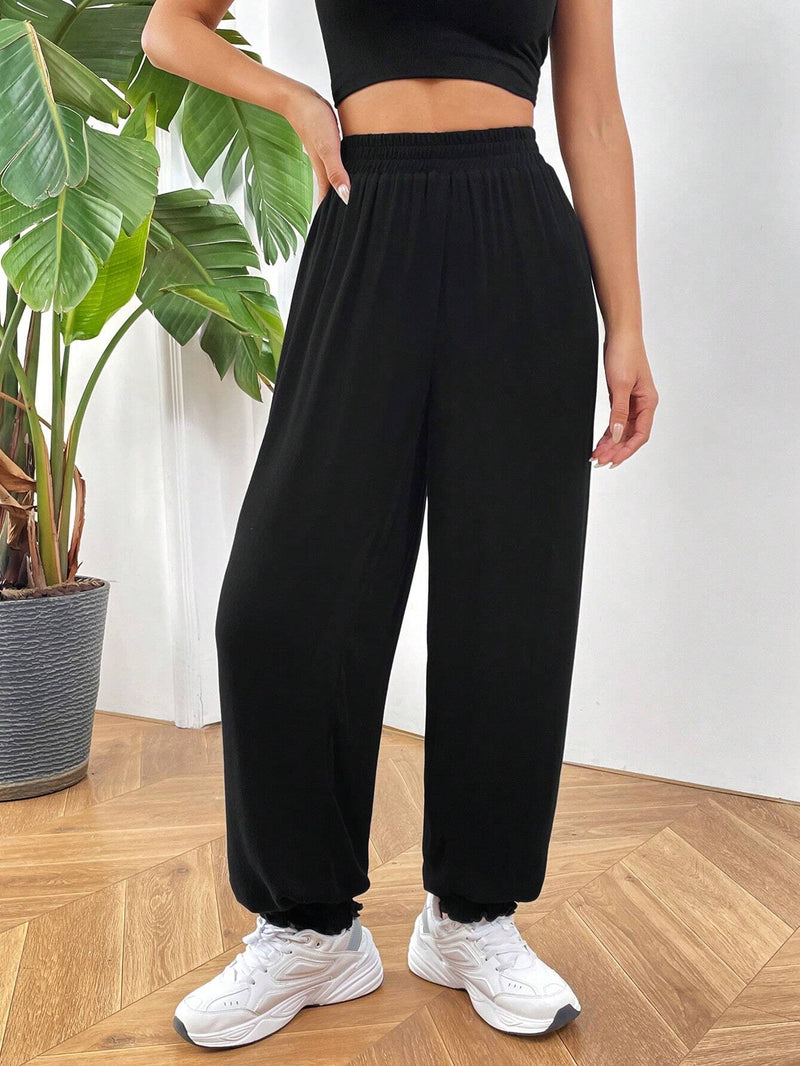 EZwear Pantalones Largos Informales De Punto Negro Para Mujer