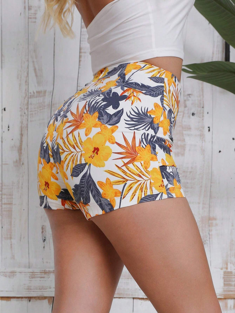 NEW  SXY Pantalones Cortos Apretados Con Nudo Retorcido Y Estampado Botanico