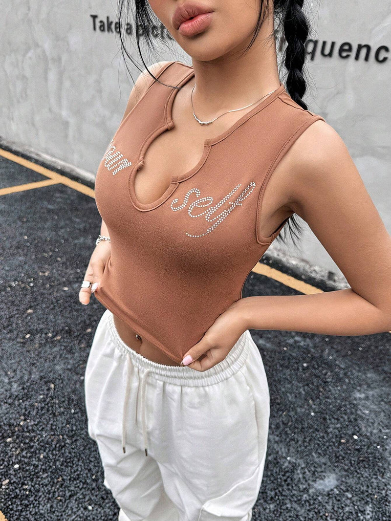 Top Sin Mangas Informal Para Mujer Con Letras Impresas, Diseno De Cuello En V Y Adornos De Diamantes De Imitacion