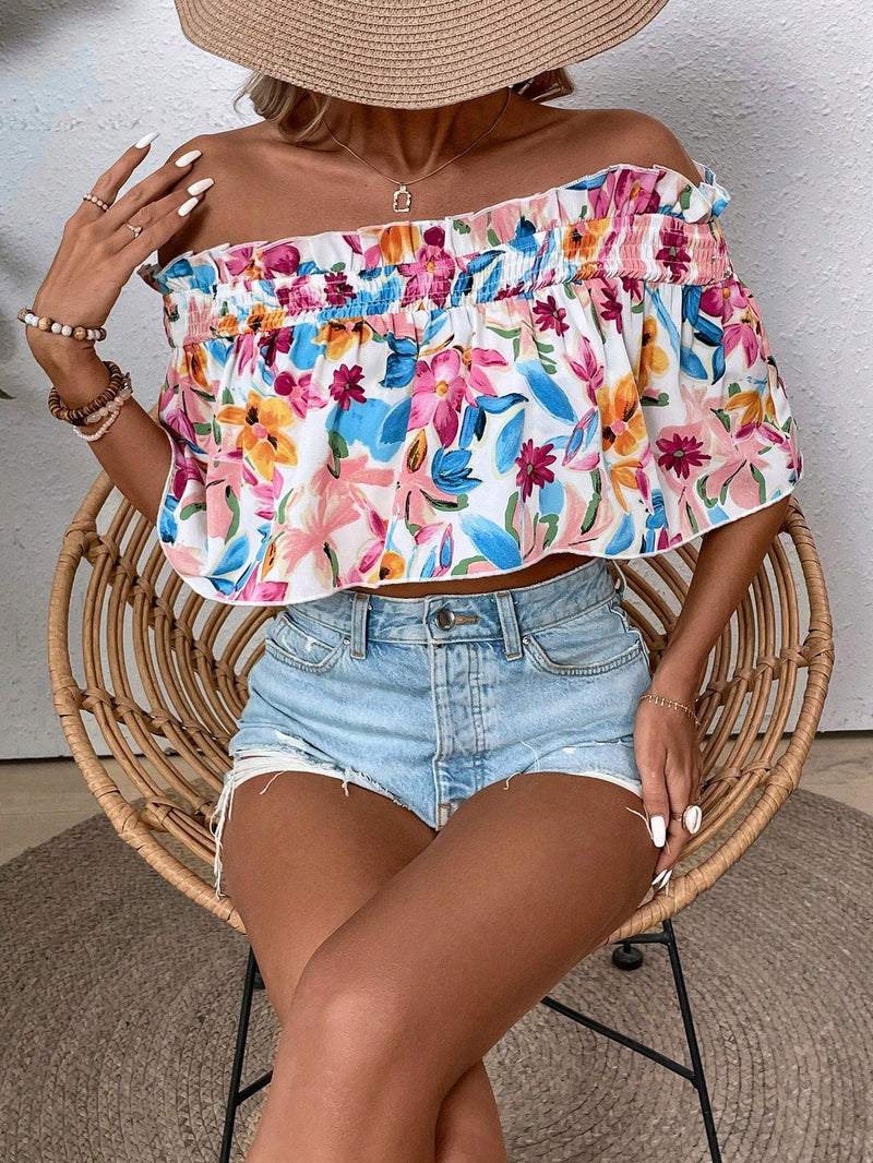 VCAY Blusa Con Estampado Floral De Moda, Estilo Con Hombros Descubiertos