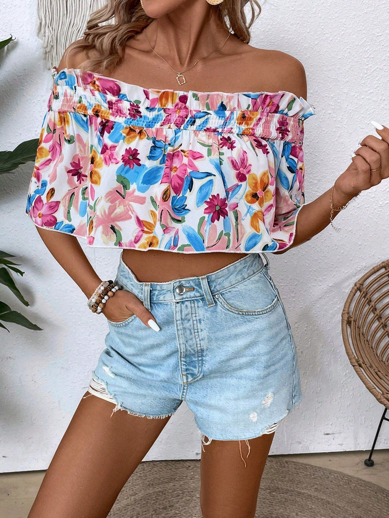 VCAY Blusa Con Estampado Floral De Moda, Estilo Con Hombros Descubiertos