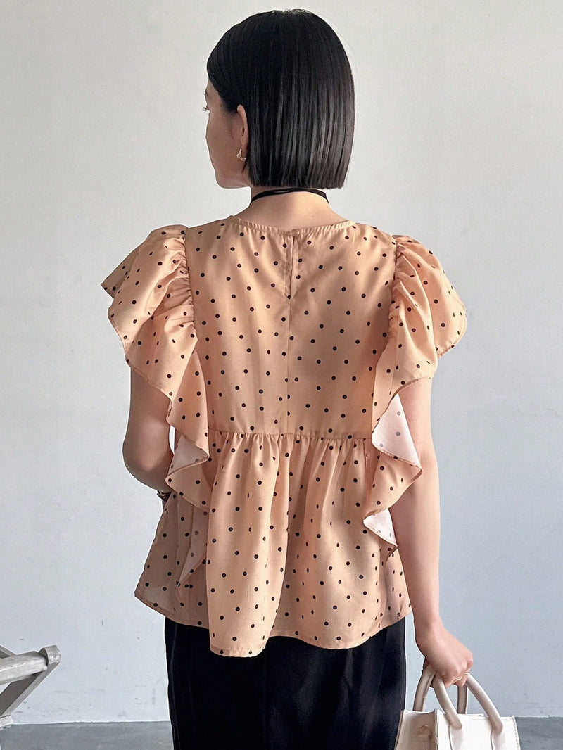 FRIFUL Blusa De Mujer Elegante Con Patron De Lunares Y Dobladillo Con Volantes