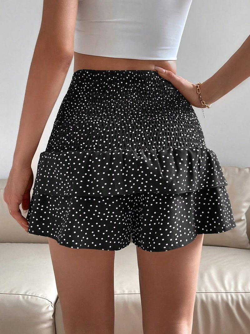 Essnce Shorts casuales de moda para mujeres con estampado de lunares y detalle de volantes