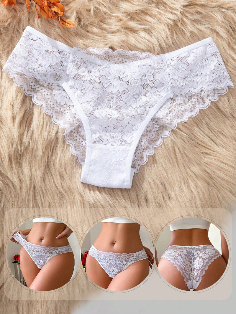 Panties De Triangulo Sin Costuras Para Mujer Con Ribete De Encaje En Color Blanco