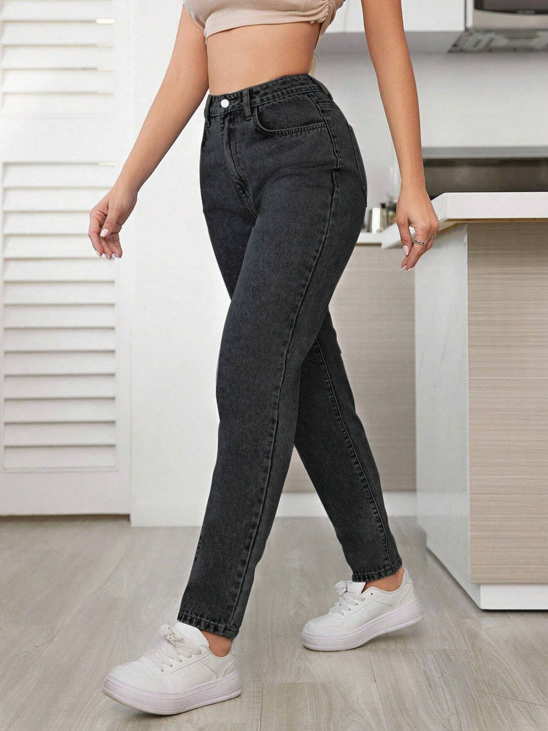 Tall Pantalones Jeans De Las Mujeres De Cintura Alta De Color Solido Y Simple