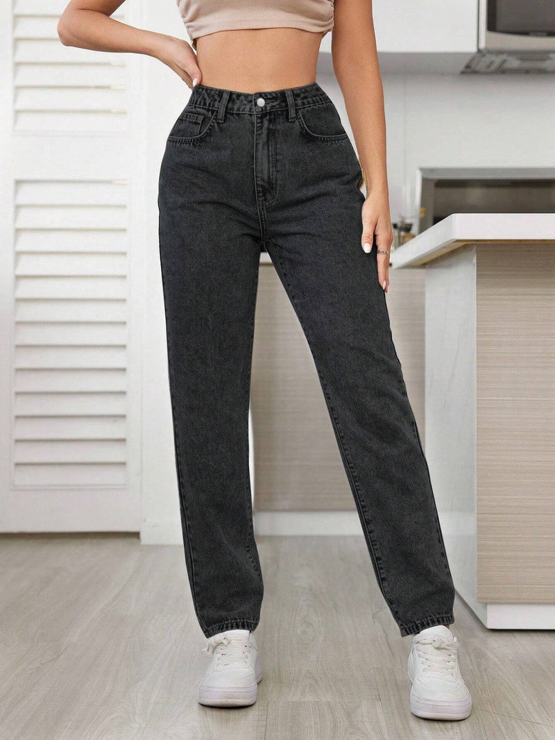 Tall Pantalones Jeans De Las Mujeres De Cintura Alta De Color Solido Y Simple