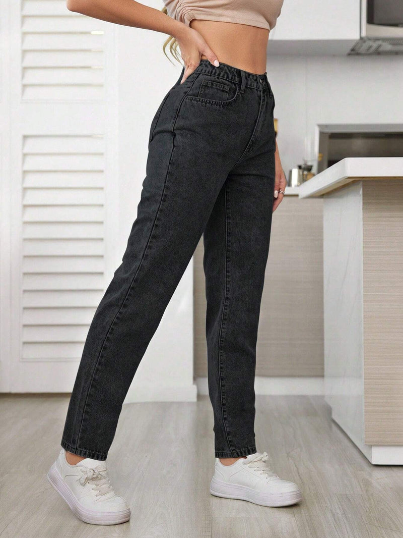 Tall Pantalones Jeans De Las Mujeres De Cintura Alta De Color Solido Y Simple