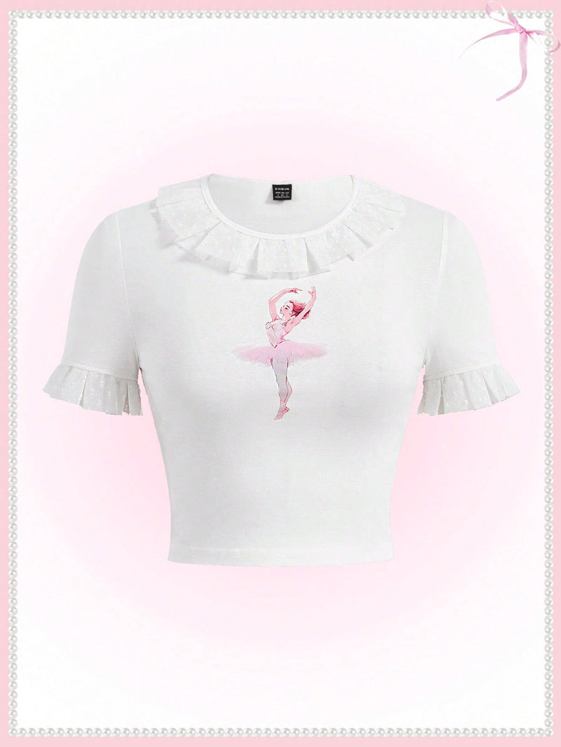 Neu Coqueto Kawaii Balletcore Ruff Nina De Ballet Estampada Con Cuello Redondo Camiseta Blanca De Verano Para Fiestas Y Vacaciones