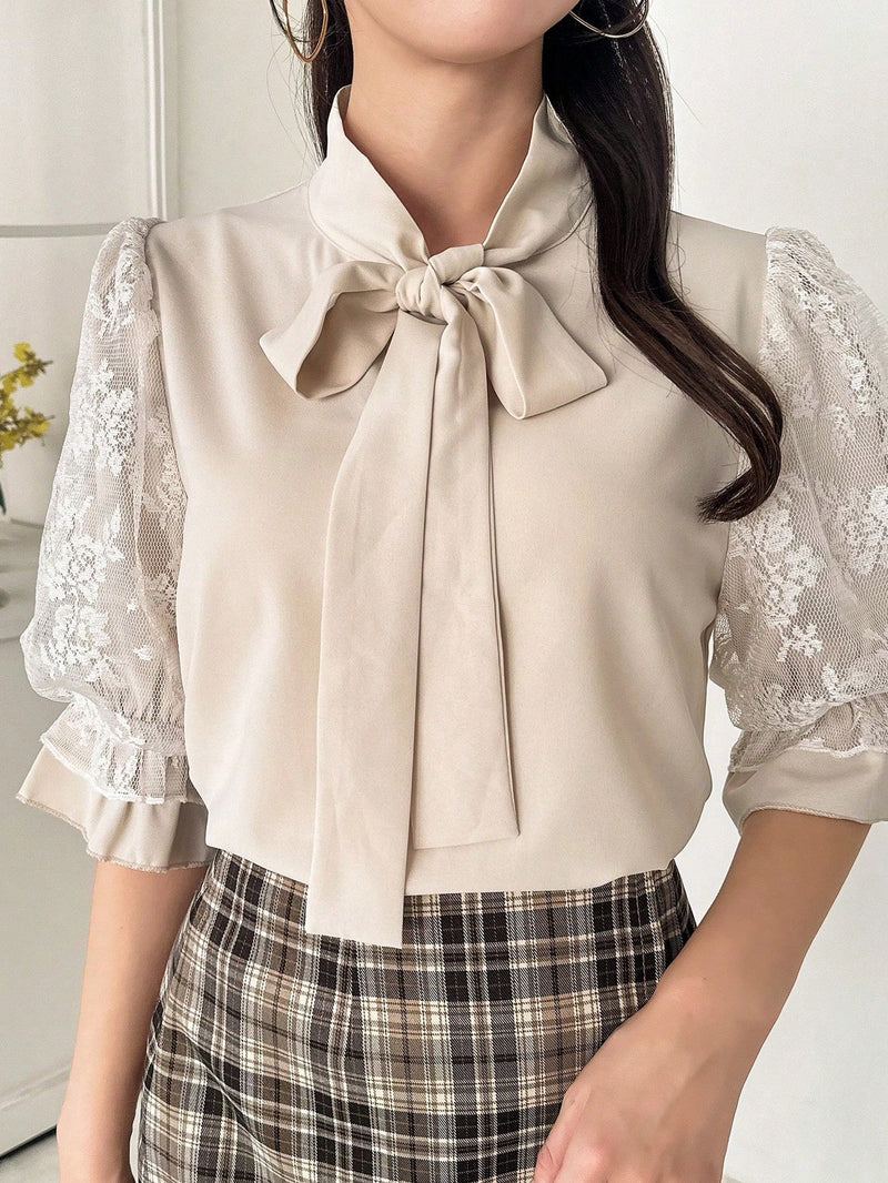 FRIFUL Elegante Camisa De Encaje Para Mujeres Con Detalle De Corbata