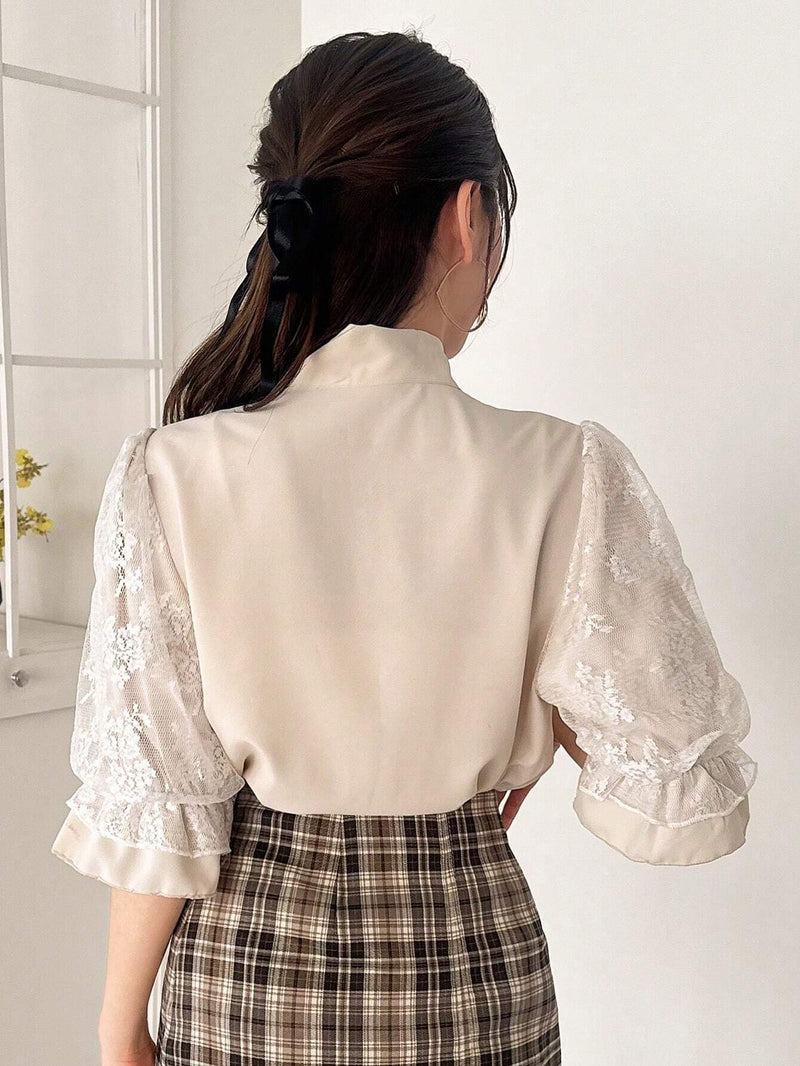 FRIFUL Elegante Camisa De Encaje Para Mujeres Con Detalle De Corbata